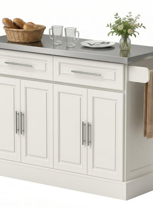 Rolling Kitchen Island with Stainless Steel Top, 2 Drawers, Spice, Knife and Towel Rack and Cabinets, Cream White