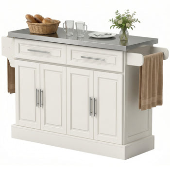 Rolling Kitchen Island with Stainless Steel Top, 2 Drawers, Spice, Knife and Towel Rack and Cabinets, Cream White