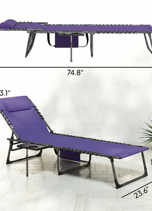 Folding Outdoor Chaise Lounge Chair Tanning Chair with 5-Level Adjustable Back, Side Table, Pillow, Pocket, Purple