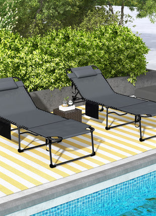 2 Piece Folding Chaise Lounge Pool Chairs with 5-level Reclining Back, Reading Hole, Side Pocket, Gray