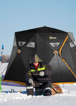4 Person Insulated Pop-Up Ice Fishing Shelter, 360-Degree View, Portable Ice Fishing Tent Shanty with Carry Bag, Two Doors and Anchors for Low-Temp -22℉, Black and Orange