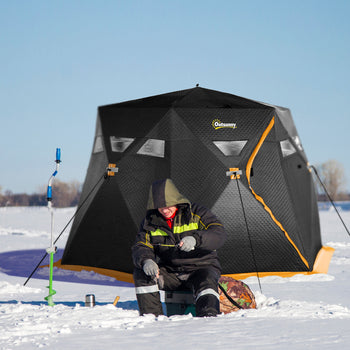 4 Person Insulated Pop-Up Ice Fishing Shelter, 360-Degree View, Portable Ice Fishing Tent Shanty with Carry Bag, Two Doors and Anchors for Low-Temp -22℉, Black and Orange