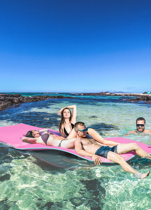 12' x 5' Lily Pad Floating Mat with Cup Holder Table, 3-Layer Portable Roll-Up Water Mat Float Dock for 2-3 People, on Lake, River, Beach, Swimming Pool, Pink