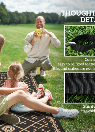 Reversible Outdoor Rug, Waterproof Plastic Straw with Carry Bag, 9' x 18', Black & Brown Rhombus