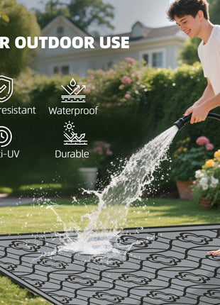 Reversible Outdoor Rug, Waterproof Plastic Straw with Carry Bag, 9' x 18', Black & Gray Lantern