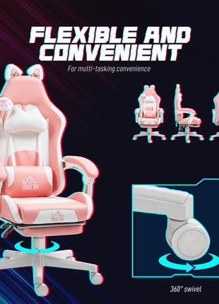 Cute Racing Gamer Chair, Faux Leather Gaming Chair with Footrest, Headrest and Lumbar Support, Pink
