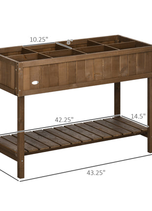 Wooden Raised Garden Bed, Elevated Planter Box Stand with 8 Slots and Open Shelf, Dark Brown