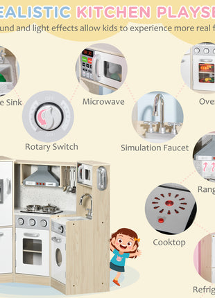 Ultra-Big Corner Kids Kitchen Playset with Sound Effects, Wooden Play Kitchen  with Stainless Steel Cooking Toys, Imaginative Pretend Toy for Ages 3-6 with Phone, Ice Maker