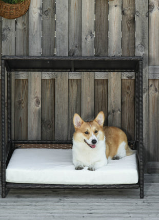 Wicker Dog House Raised Rattan Puppy Bed Cat Shelter for Indoor Outdoor Garden Patio Pet Sofa with Removable Cushion for Medium Sized Pet Brown