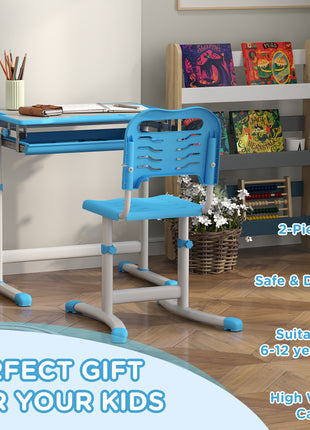 Height Adjustable Kids Desk and Chairs Set with Tilt Desktop, Storage Drawer, Pen Slot, Hook, Blue