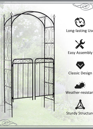 84" Garden Arch Arbor with Gate, Metal Arch Trellis, Garden Archway for Climbing Vines, Wedding Ceremony Decoration, Flourishes & Arrow Tips, Black