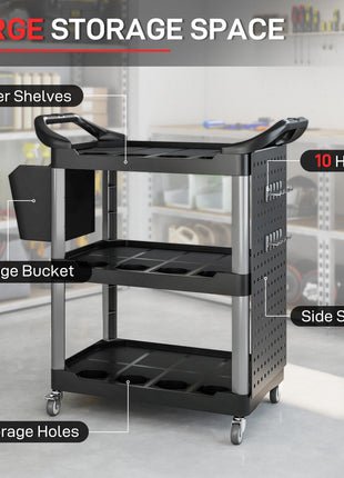 3-Tier Rolling Tool Cart, 200 LBS Capacity Plastic Utility Cart with Side Shelf and Bucket, Black and Light Gray