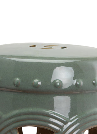 14" x 17" Ceramic Garden Stool with Double-Coin Knotted Ring Design, Glazed Decorative Outdoor Stool, Green