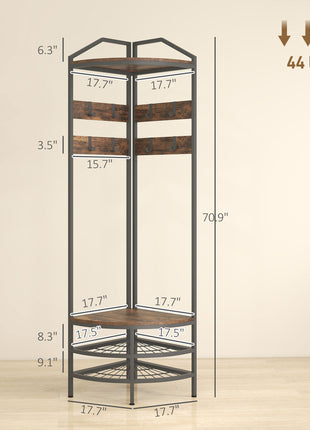 Corner Hall Tree, Industrial 4-Tier Coat Rack with Shoe Storage, 8 Movable Hooks and 2 Shelves for Hallway, Rustic Brown
