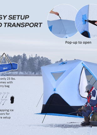 4 Person Ice Fishing Shelter, Pop-Up Ice Shanty Tent, Insulated Portable Tent with 2 Doors & Carrying Bag, Light Blue