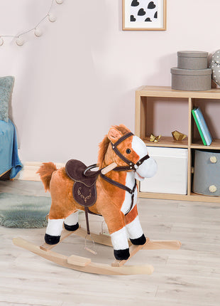 Kids Plush Toy Rocking Horse, Wooden Ride-on Chair, Plush Animal Rocker with Realistic Sounds and Moving Tail for Toddlers, Brown