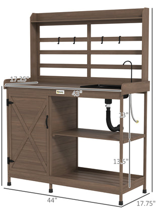 Wooden Potting Bench with Storage, Sink, Water Tap for Backyard, Patio, Balcony, Dark Brown
