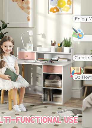 Kids Study Desk with Storage, Kids Desk and Chair Set for Bedroom & Study Room, Girls Boys Aged 3-8 Years, Pink