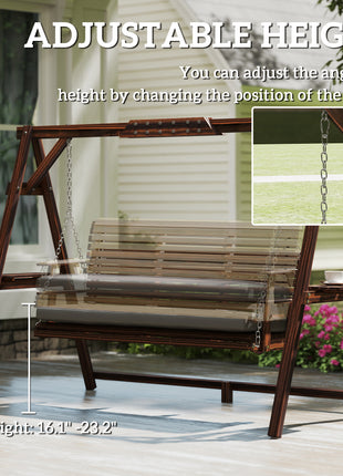 3 Seat Wooden Porch Swing with Stand, Patio Swing with Cushion, for Garden, Poolside, Backyard, Carbonized Brown