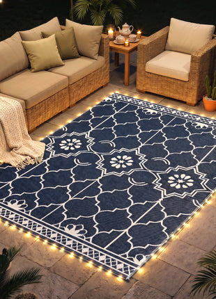 Reversible Outdoor Rug Carpet with LED Lights, 10' x 8' PP Straw Rug with Carry Bag and Ground Stakes