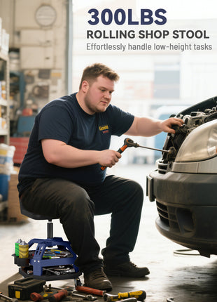 Rolling Creeper Garage Stool, 300 LBS Capacity Mechanic Stool with 360° Wheels, Tool Tray, Adjustable Height, Blue