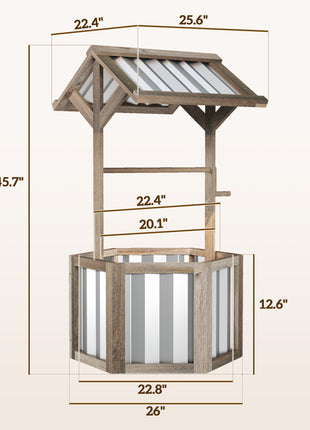 Wooden Wishing Well Planter, Raised Garden Bed with Galvanized Canopy, Hexagon Raised Flower Bed for Garden, Light Gray