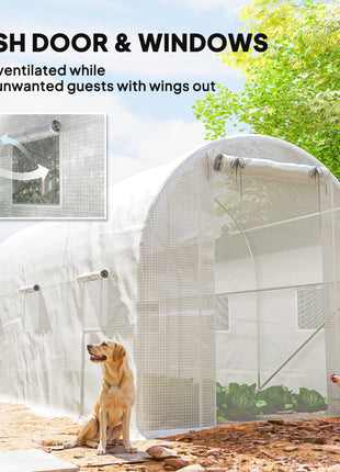 Hoop House Greenhouse, Walk-in Tunnel Greenhouse with 2 Support Rods, Zippered Roll-up Mesh Door, 14.6'x6.5'x6.6', White