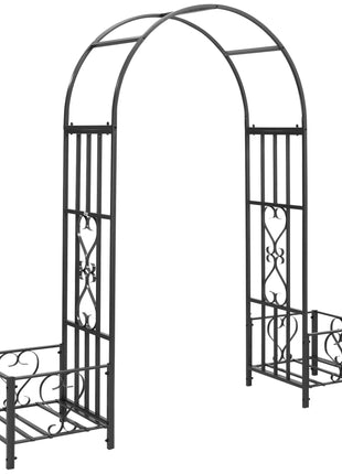 6.7' Steel Garden Arch Arbor with Scrollwork Hearts, Planter Boxes for Climbing Vines, Ceremony, Weddings, Party, Backyard, Lawn, Dark Gray