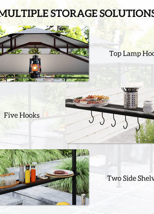 8' x 7.6' Outdoor Grill Gazebo, Barbecue Gazebo Shelter with Side Awning, 2 Side Shelves and 6 Hooks, Dark Gray