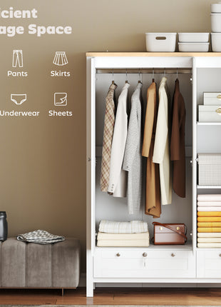 3 Doors Wardrobe Closet with 2 Drawers, Bedroom Armoire with Lockable Drawer, Hanging Rod and Storage Shelves, White