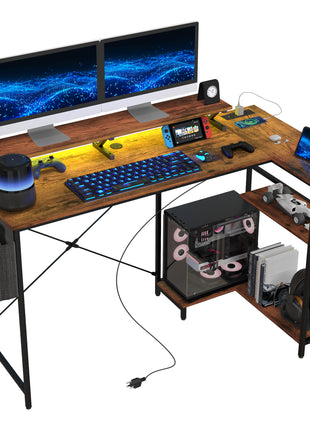58" Reversible L Shaped Computer Desk, Corner Desk with Monitor Stand, Power Outlets and LED Lights, Rustic Brown