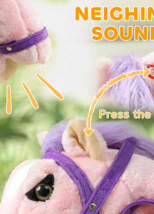 Spring Rocking Horse, Kids Ride on Horse, Plush Horse Ride-on w/ Sounds & Foot Stirrups for Kids 3-8 Years, Pink