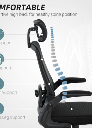 Mesh Office Chair, Ergonomic Desk Chair with Flip-up Armrest, Rotatable Headrest, Adjustable Lumbar Support, Black
