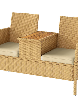 Patio Sofa Wicker Loveseat with Built-in Flip-Top Coffee Table and Cushions for Balcony, Garden, Lawn, Backyard, Khaki