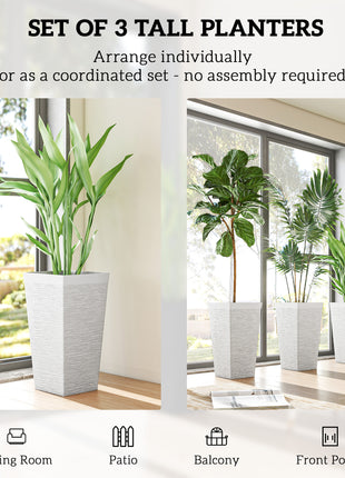 22.8 Inch Set of 3 Outdoor Planters with Stone Finish and Wheels, Stackable Tapered Planters with Drainage Hole, White