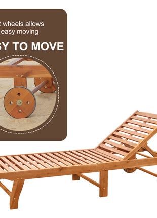 Outdoor Folding Chaise Lounge Chair Recliner with Wheels, Acacia Wood Frame - Teak Color