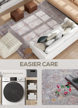 Machine Washable Area Rug 8x10, Non-Slip Traditional Flower Print Floor Carpet for Living Room, Bedroom, Grey and Brown