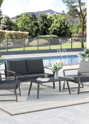 4 Piece Patio Furniture Set, Aluminum Conversation Set, Outdoor Garden Sofa Set with Armchairs, Loveseat, Center Coffee Table and Cushions, Dark Grey