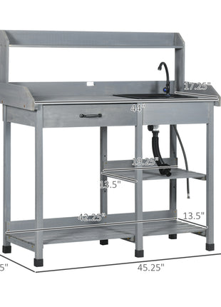 Potting Bench Table, Outdoor Garden Table Wooden Work Station with Removable Sink, Faucet, Drawer, Shelves, Hooks, Gray