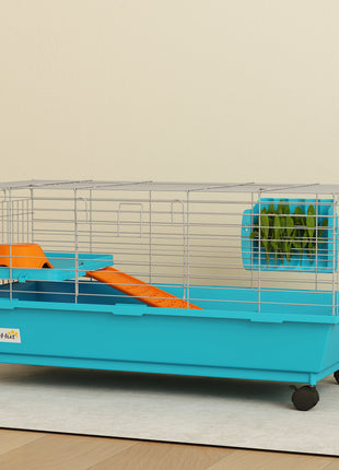 35"L Small Animal Cage, Rolling Bunny Cage, Guinea Pig Cage with Wheels, Food Dish, Water Bottle, Hay Feeder, Blue