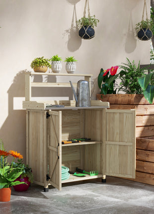Outdoor Wooden Potting Bench with Storage Cabinet, Shelves, Galvanized Plated Tabletop for Backyard, Balcony, Natural