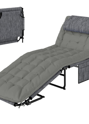 Folding Chaise Lounge Pool Chair with 4-level Reclining Back, Cushion, Side Pocket, Headrest, Gray