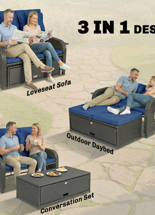 Patio Rattan Daybed, Wicker Outdoor Daybed with Storage Ottoman, Loveseat w/ Adjustable Backrest, Navy Blue