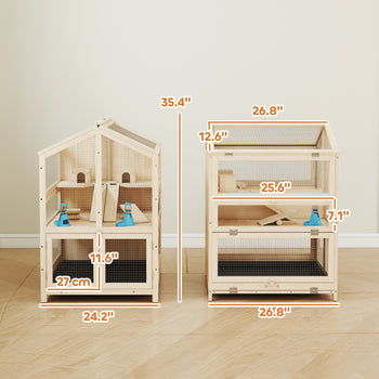 Wooden Hamster Cage, Large 3 Tier Hamster Cage w/ Pull-Out Tray, Openable Top, Hut, Seesaws, 26.8"L x 24.2"W x 35.4"H