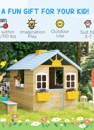 Wooden Playhouse for Kids Outdoor Garden with Working Door, Windows, Bench, Service Station, Flowers Pot Holder, Blue