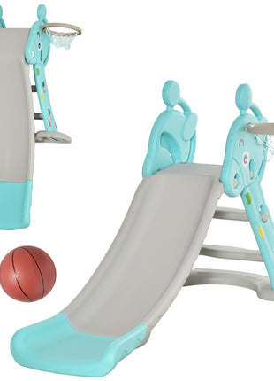 2 in 1 Kids Slide with Basketball Hoop, Foldable Toddler Freestanding Slider Playset, for 18 months -4 Years Deer Shaped, Includes Basketball, Pump - Blue