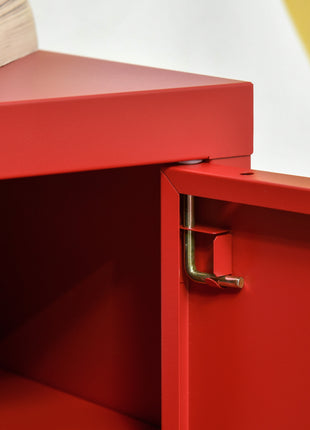 Industrial End Table, Living Room Side Table with Locker-Style Door and Adjustable Shelf, Red