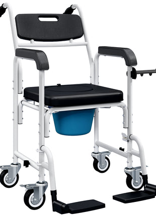 Rolling Shower Wheelchair for Seniors, Bedside Commode Chair with Locking Wheels, Seat, Backrest, Arms, Black