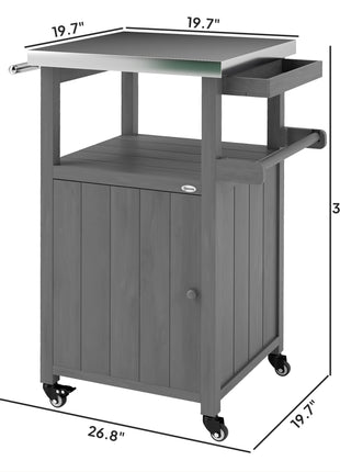 Outdoor Grill Cart with Stainless Steel Top, Solid Wood Outdoor Kitchen Island with Wheels, Integrated Hole, Dark Gray