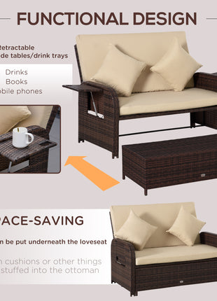Patio Rattan Daybed with Cushions, Wicker Outdoor Bed Lounger w/ Loveseat, Storage Ottoman, Coffee & Side Tables, for Poolside, Porch, Backyard, Beige